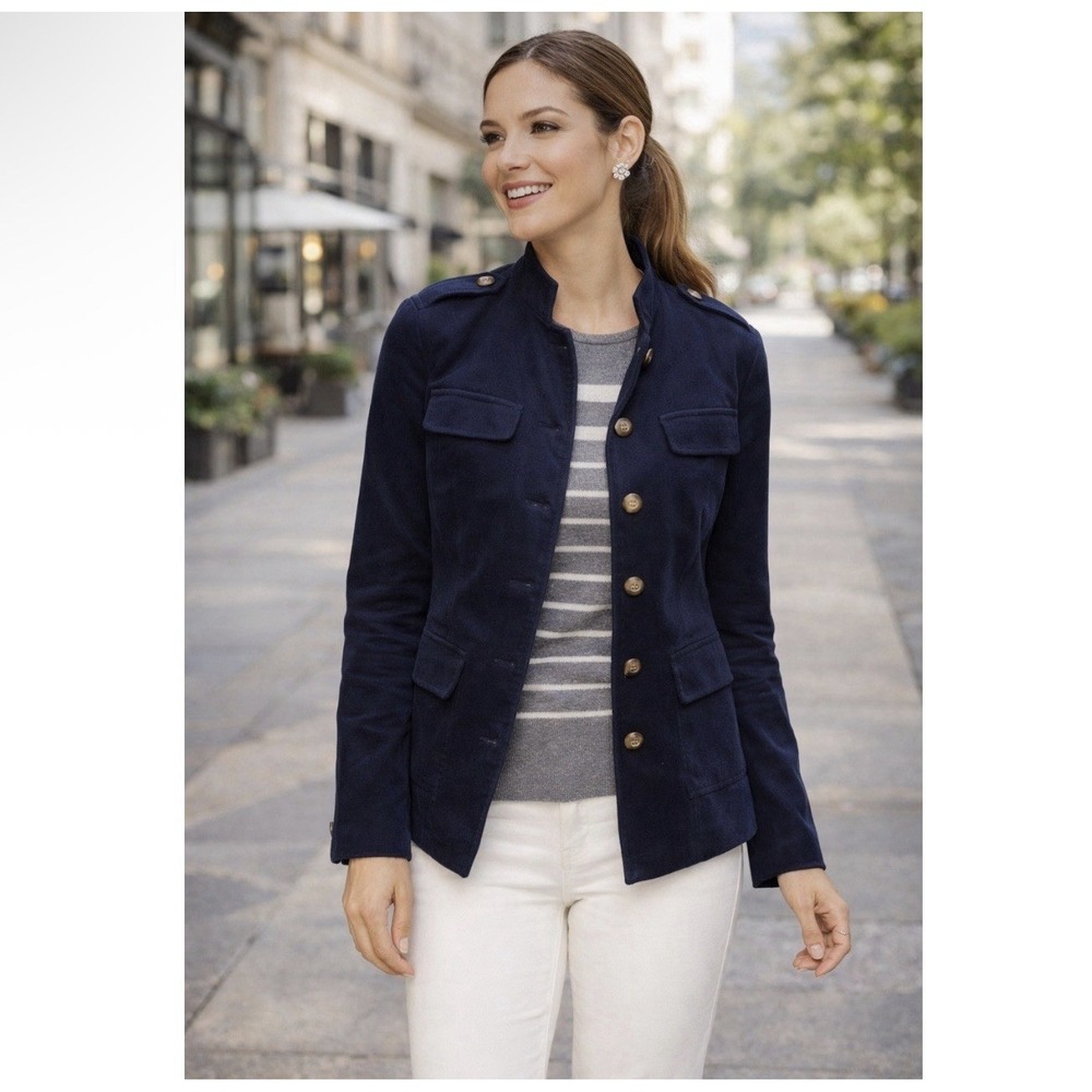 Talbots Navy Blue Velvet Military Jacket Plus 18W Quiet Luxury Equestrian Preppy
